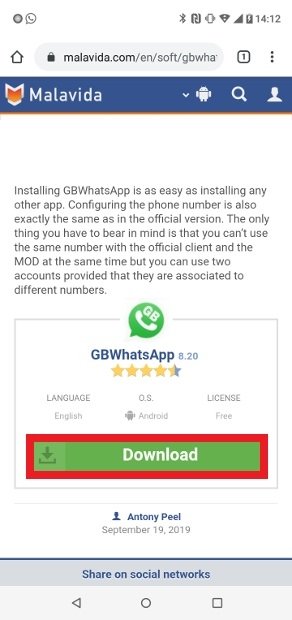 Bouton pour télécharger GBWhatsApp