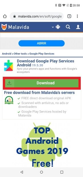 Botón para descargar el APK de Google Play Services