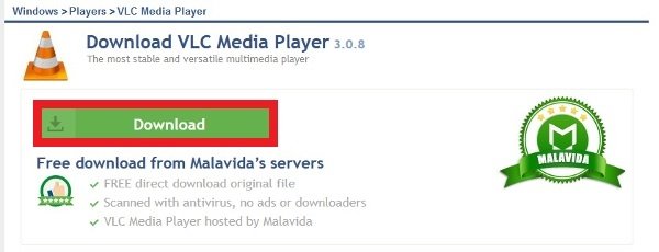 Botão para baixar o instalador do VLC Media Player