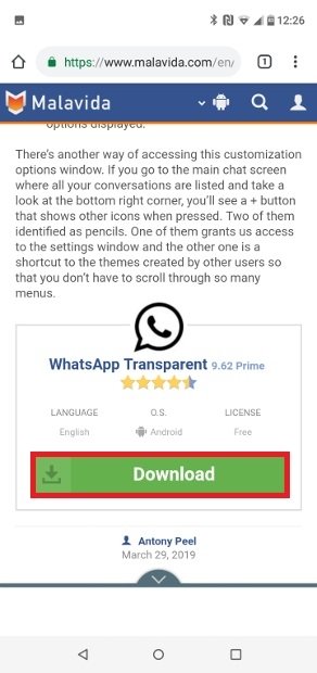 Button to download WhatsApp Transparent’s APK
