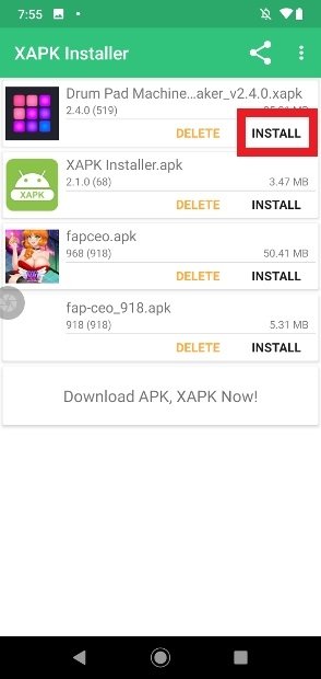 Button to install an XAPK using XAPK Installer