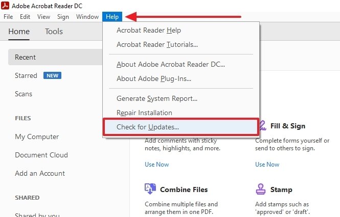 Botón para buscar actualizaciones en Adobe Acrobat Reader