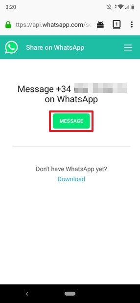 Botón para enviar el mensaje al teléfono no agregado