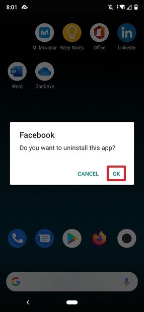 Pulsante per disinstallare Facebook