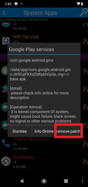 Bouton pour désinstaller les services Google Play avec Root App Delete