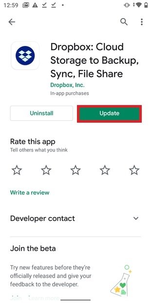 Botão para atualizar Dropbox no Google Play