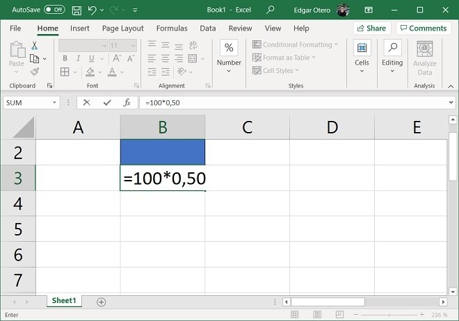 Calculate a percentage without a number or percentage cell