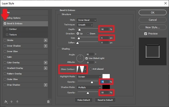 Change the bevel and emboss values