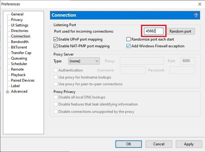 Change the port and connection settings