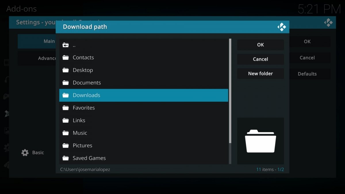 Changing Kodi's download folder