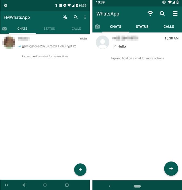 FMWhatsAppとWhatsApp Plusのチャットタブ