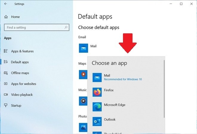 Elegir aplicación predeterminada de correo electrónico