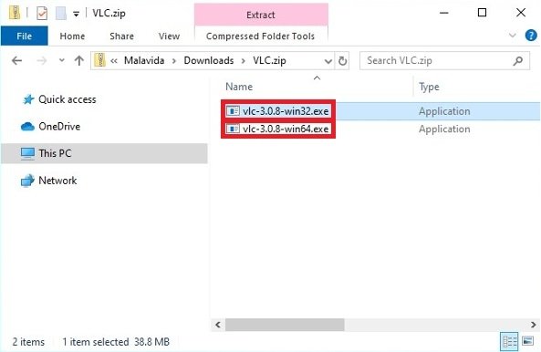 Elección de ejecutable de VLC de 32 o 64 bits