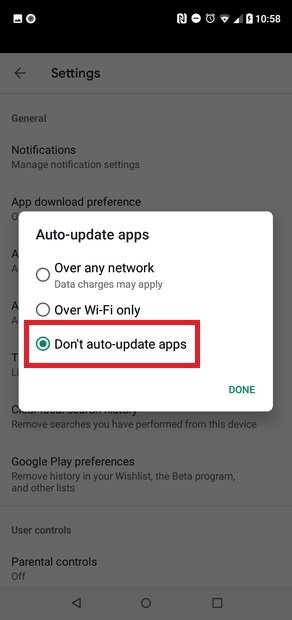 Escolha Don't auto-update apps