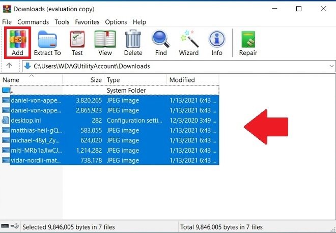 Choose files to add to the compressed folder