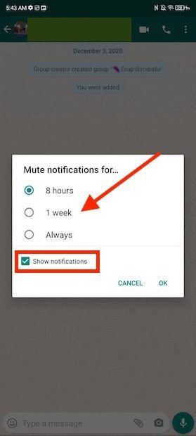 Scegli il tempo per cui disattivare le notifiche del gruppo