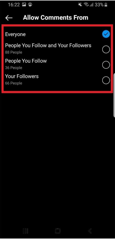 Escolha a opção de permissões de comentários que você preferir