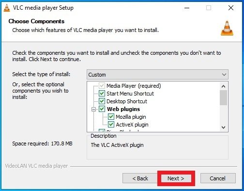 Elección de los componentes en la instalación de VLC