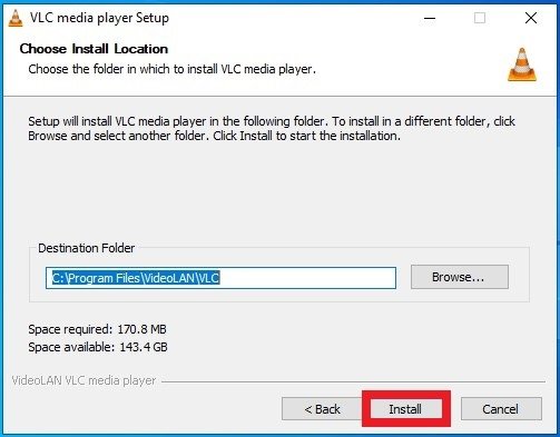 Selección de carpeta de instalación de VLC en Windows