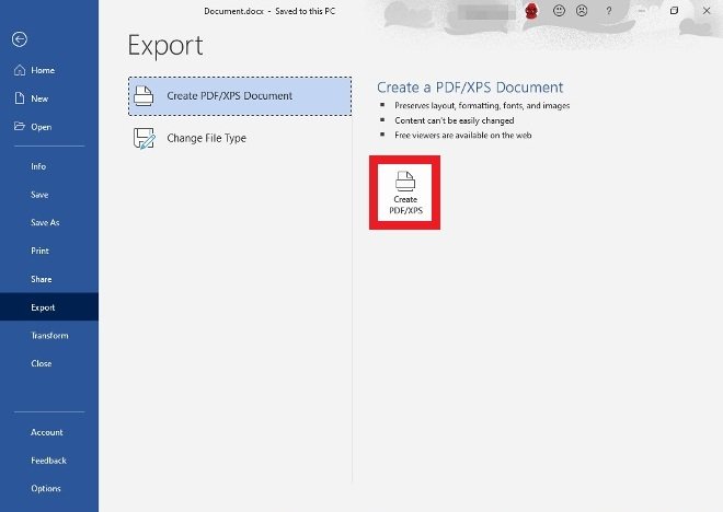 Choose the option to create a PDF or XPS