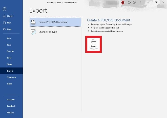 Escolher a opção para criar um PDF ou XPS