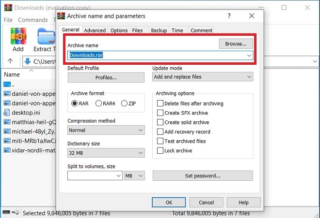 Choose the path and destination of the RAR file