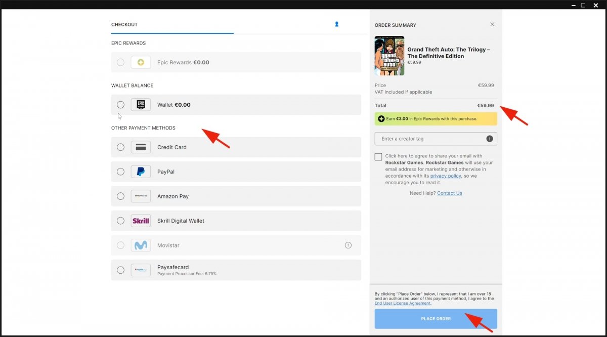 Escolher a forma de pagamento ao comprar na Epic Games