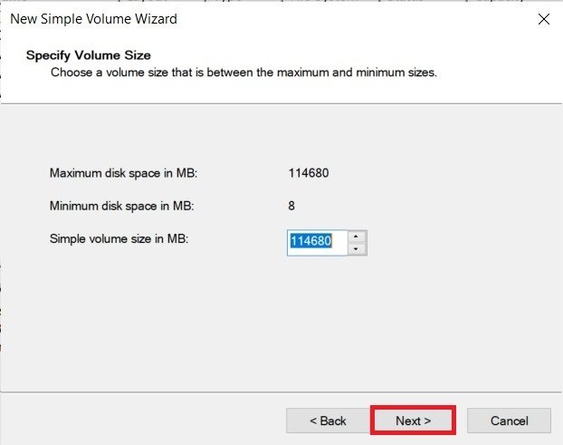 Choose the size of the new partition