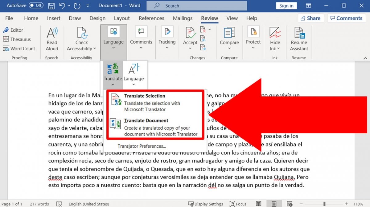 Scegli Translate Selection o Translate Document in base alle tue esigenze