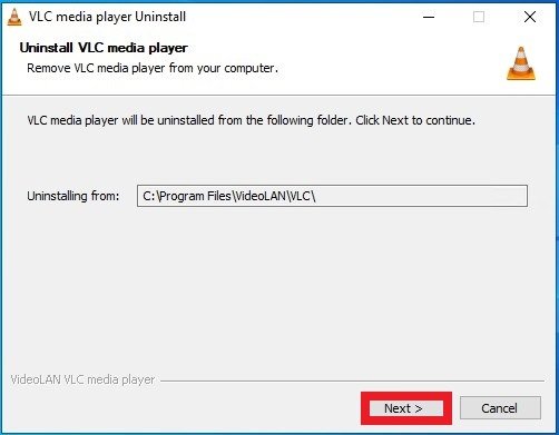 Selección el directorio de VLC para su desinstalación