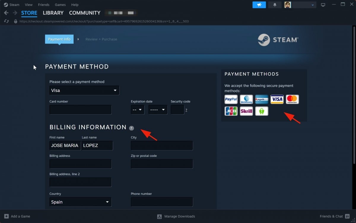 Scegliere il metodo di pagamento in Steam