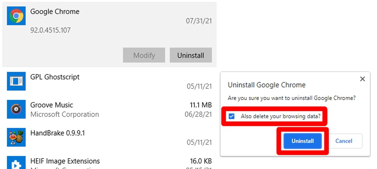 すべてのブラウジングデーターを削除してUninstallをクリックして完全なアンインストールを行います