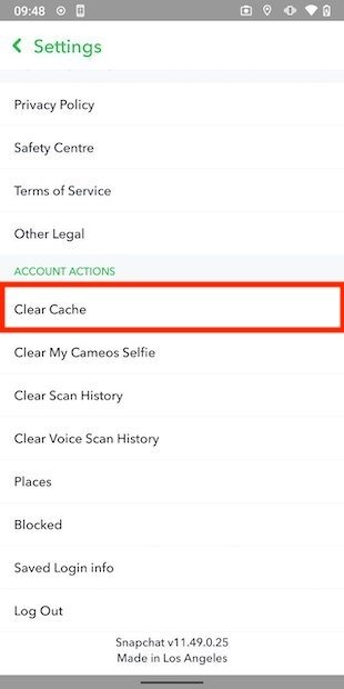 Clear the cache from Snapchat