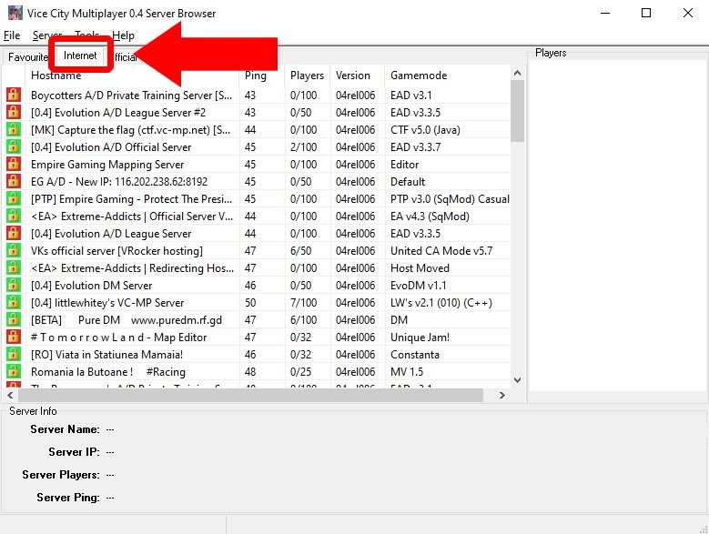 Click on Internet and double click on the server you want to access