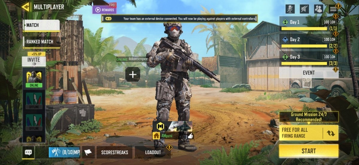 En COD Mobile se muestra un mensaje informándote de que estás jugando con mando