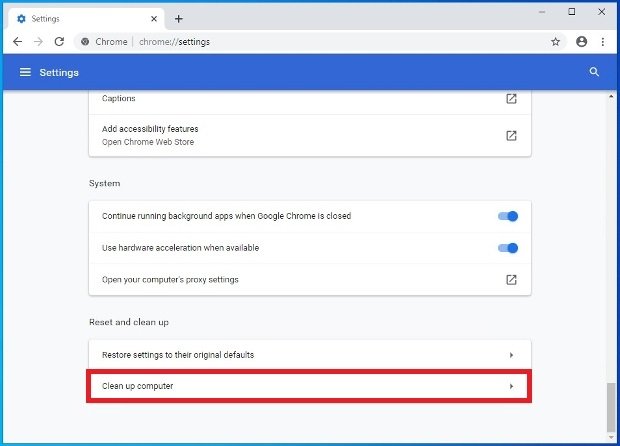 Opção da configuração para limpar o PC com o Chrome