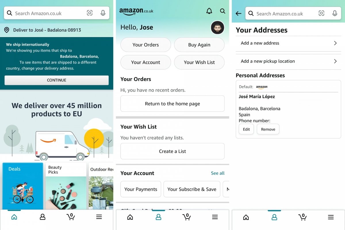 Paramètres d'adresse et préférences sur Amazon pour Android
