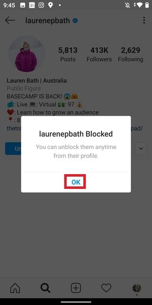 Confirmation du blocage d’un compte dans Instagram