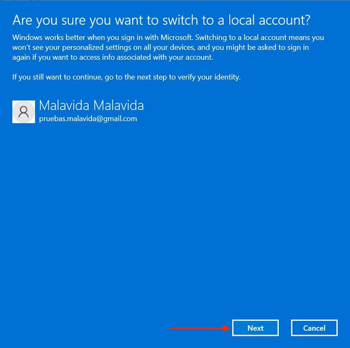 Confermare l'eliminazione dell'account Microsoft