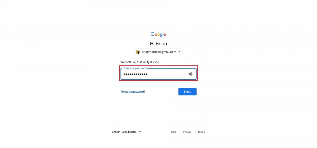 Conferma la tua password dell'account Google usato