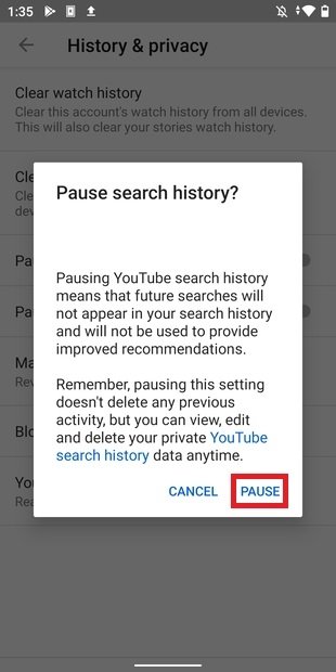 Confirmar pausar el registro de búsquedas