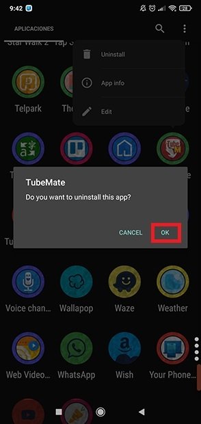 Confirm the uninstallation in the application tray