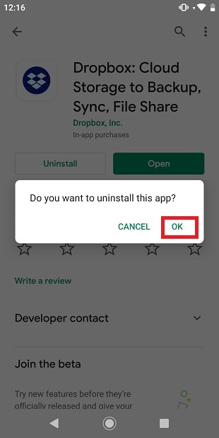 Confirmation de désinstallation de Dropbox par Google Play