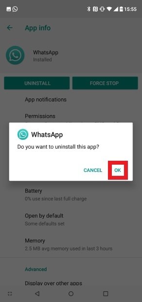 Confirmer la désinstallation de GBWhatsApp