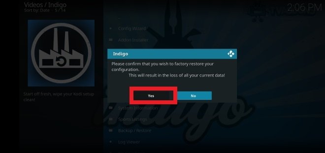 Confirm you want to reset Kodi