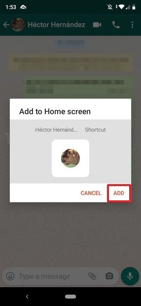 Confirmation to add the shortcut to a contact