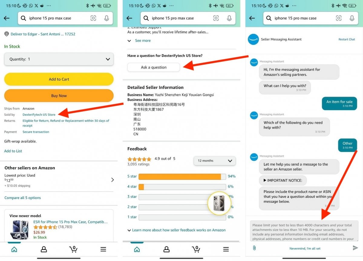 Contacing a vendor from the product sheet in Amazon for Android