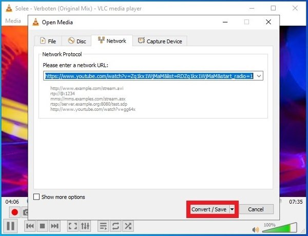 Boton Convert en la pestaña Network de VLC