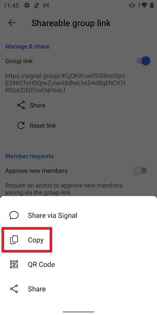 Copiar link do grupo de Signal