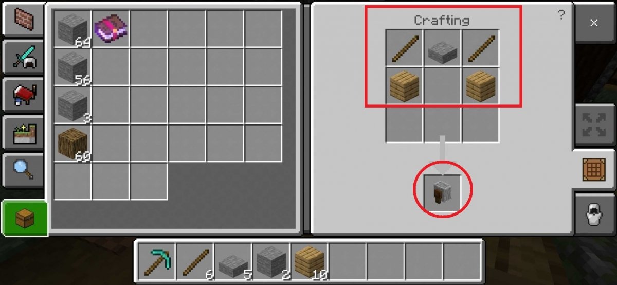 Crafting recipe to create a Grindstone in Minecraft